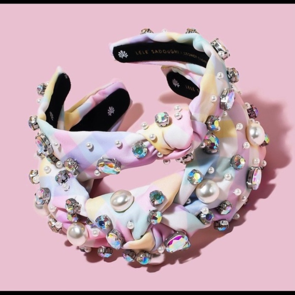 TWO Lele Sadoughi x Stoney Clover Pastel Gingham Rhinestone & Pearl Headbands